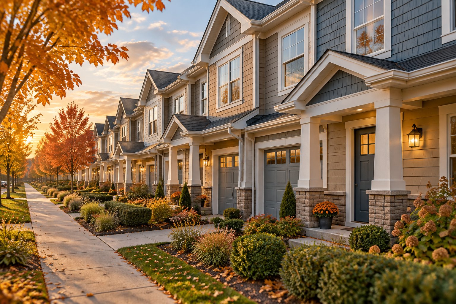Row of attached townhomes with landscaped walkway in West Michigan, a low-maintenance condo option