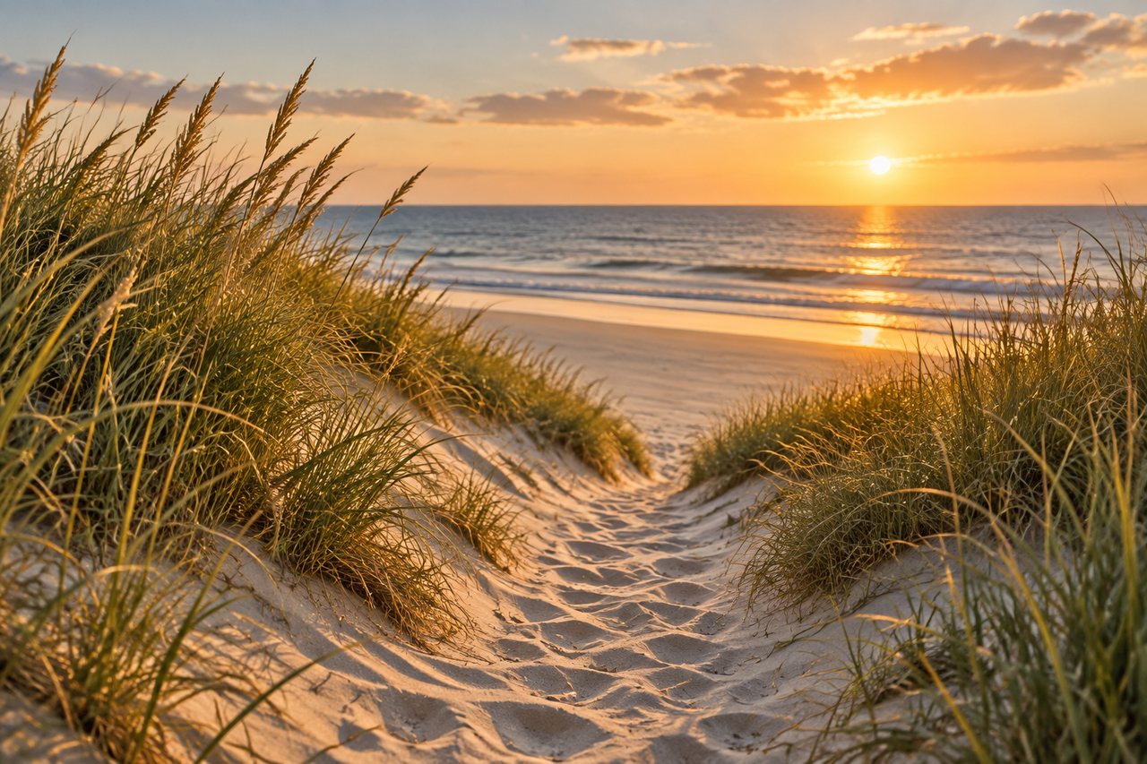 Sandy dune path with tall beach grass leading to the lakeshore, typical of West Michigan beach towns
