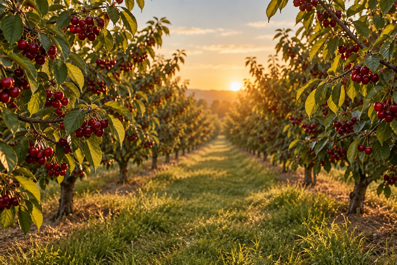 Grass path between rows of cherry trees heavy with ripe cherries at golden hour
