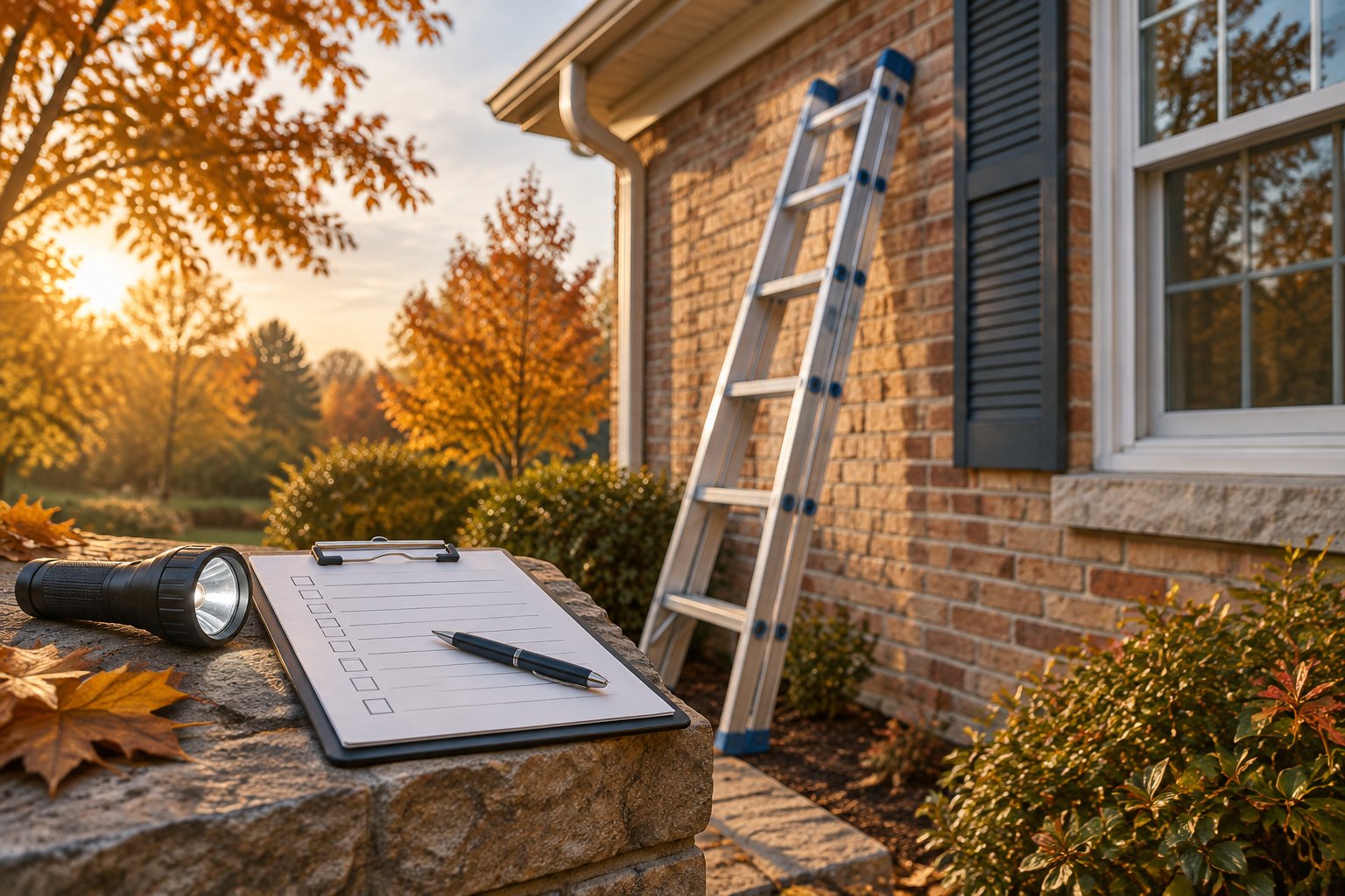Home inspection checklist and ladder beside a brick house, part of a Michigan seller's disclosure review