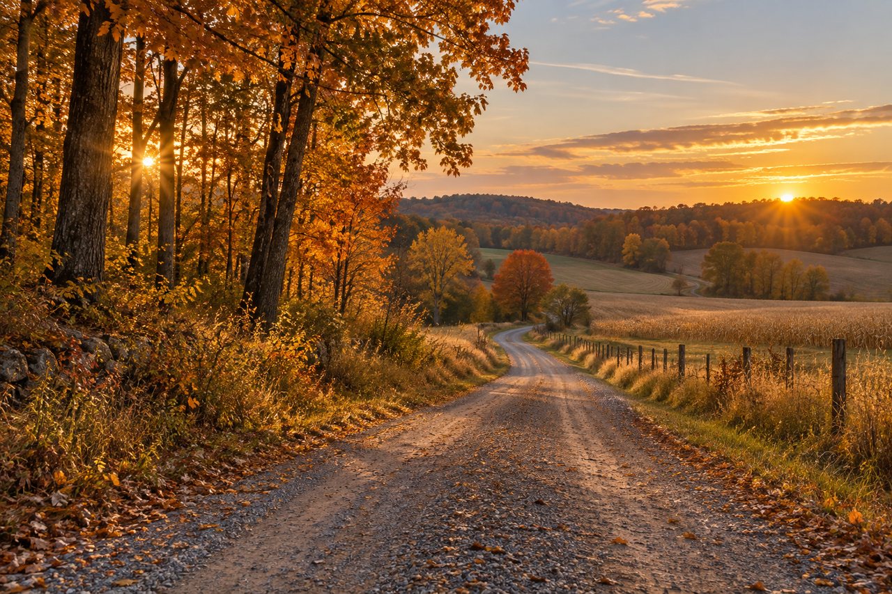 Gravel country lane through woods and fields in autumn, typical of rural land in Michigan
