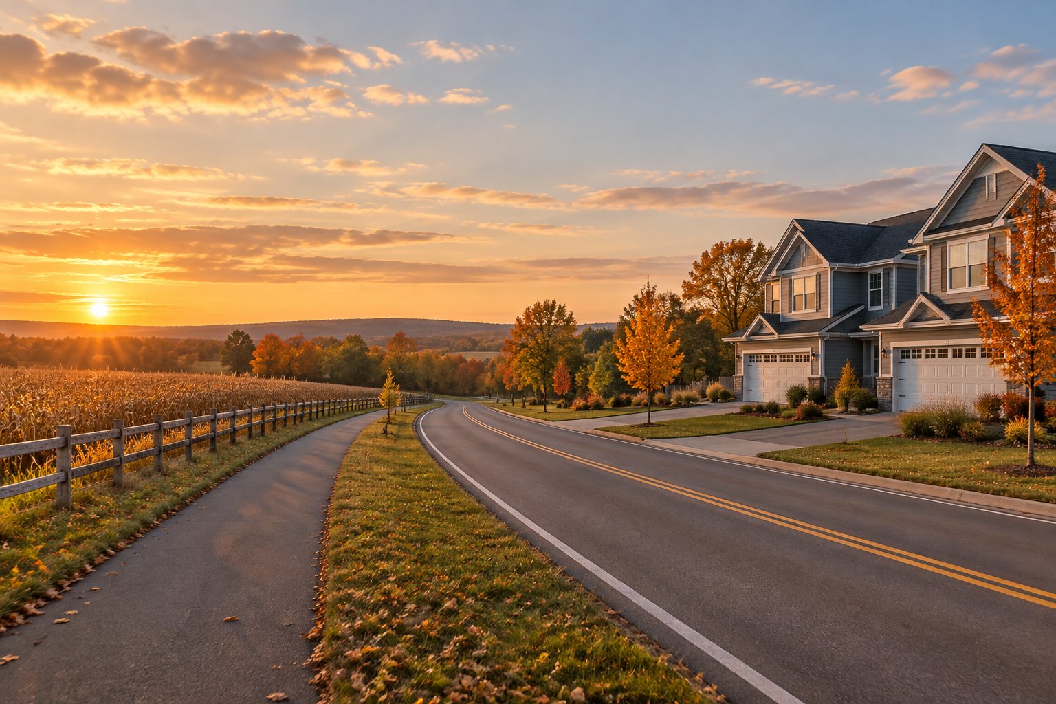 New duplex homes and a bike path along a country road at sunset in Allendale, Michigan