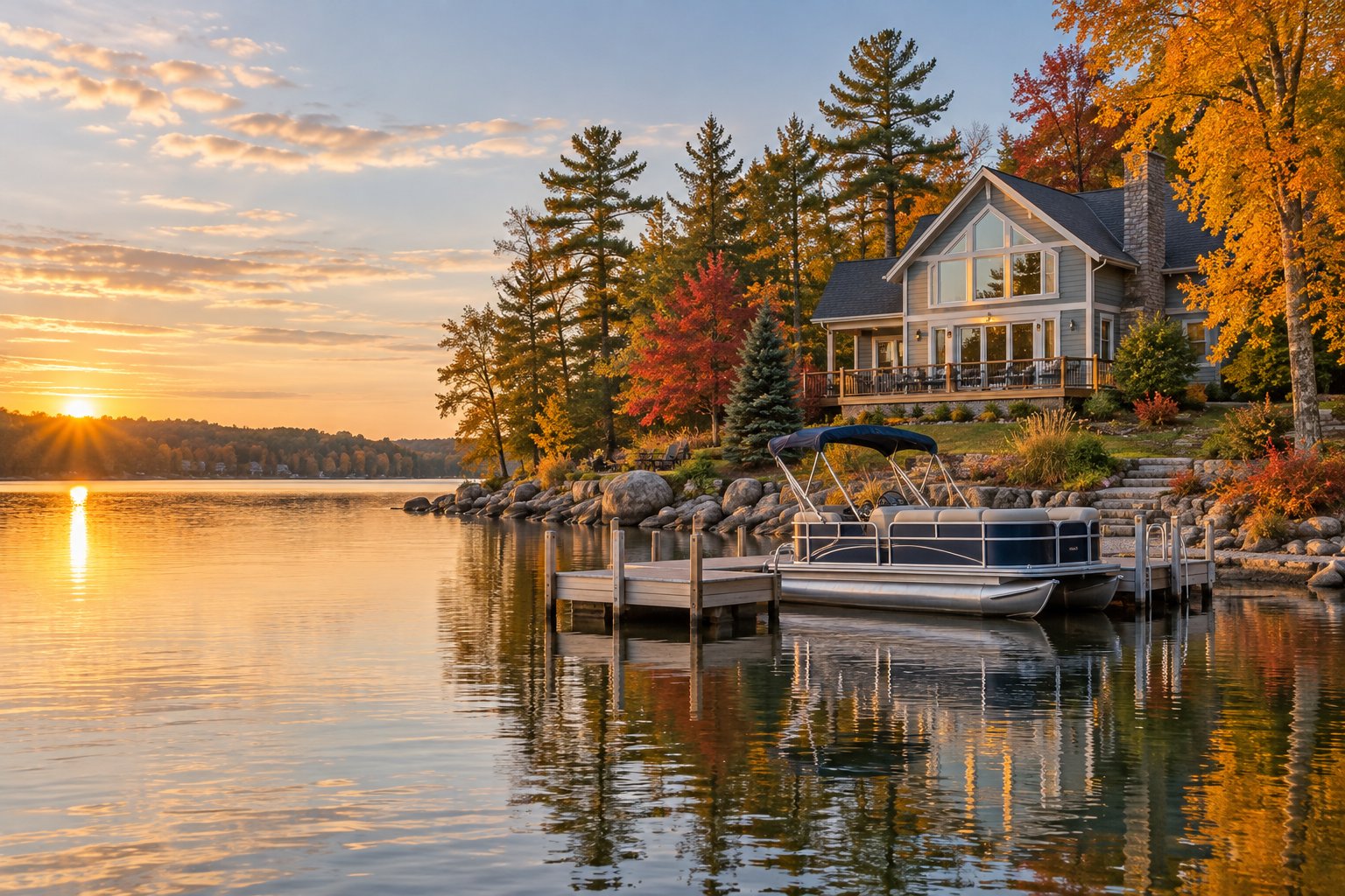 Lakefront cottage with a dock and pontoon boat on a calm Michigan inland lake in fall