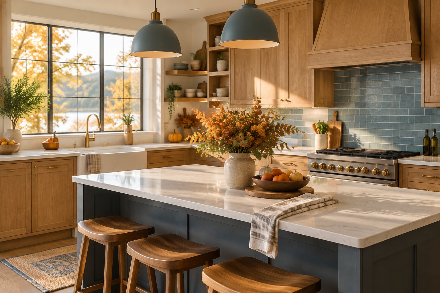 Bright updated kitchen with wood cabinets and quartz counters, a common home equity renovation