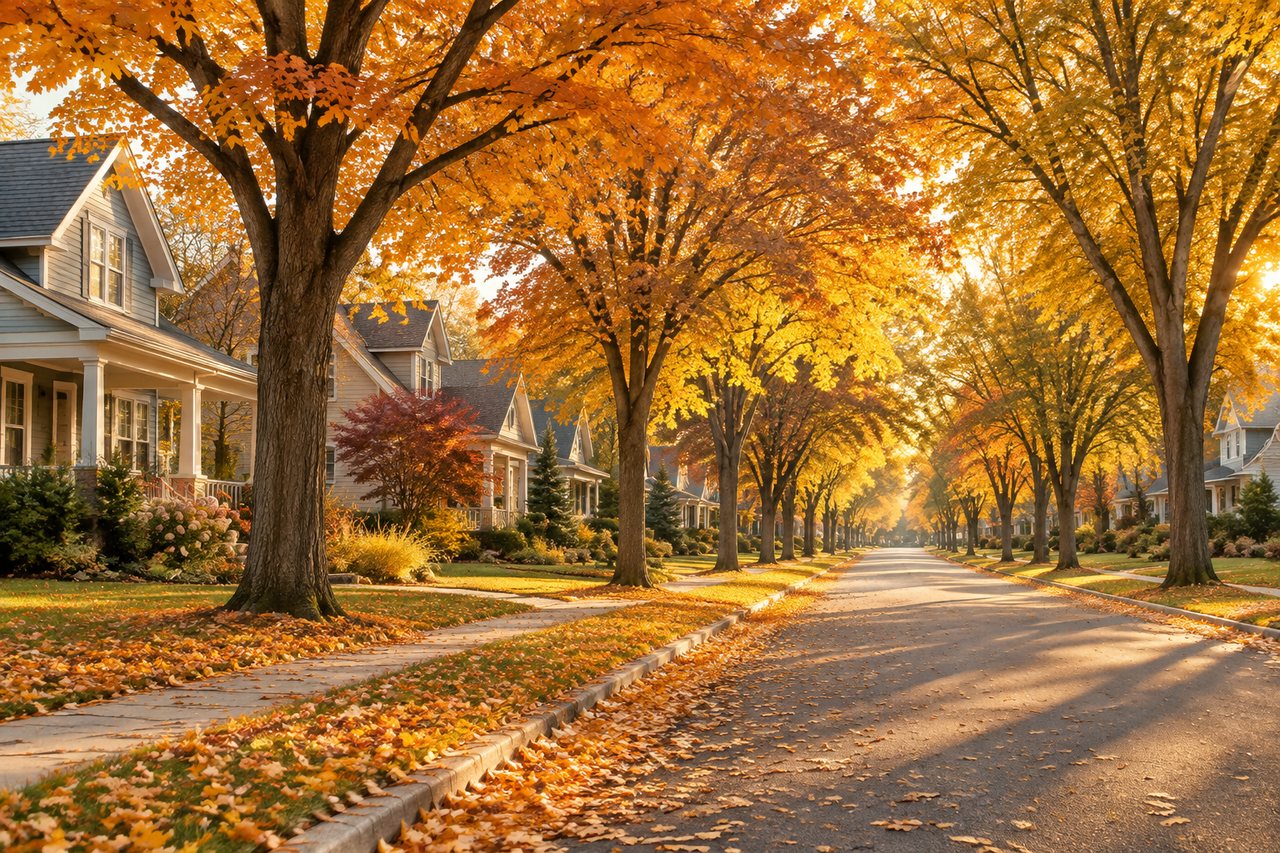 Tree-lined residential street covered in autumn leaves at golden hour in a Michigan neighborhood