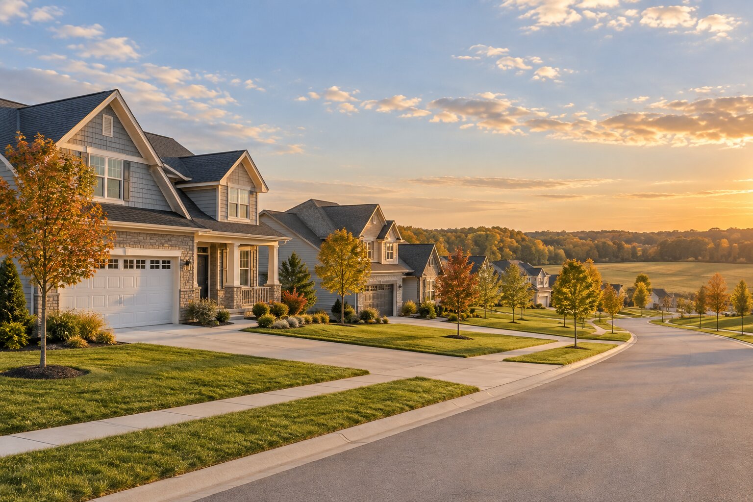 Newer-build homes along a quiet subdivision street in a growing West Michigan suburb like Hudsonville