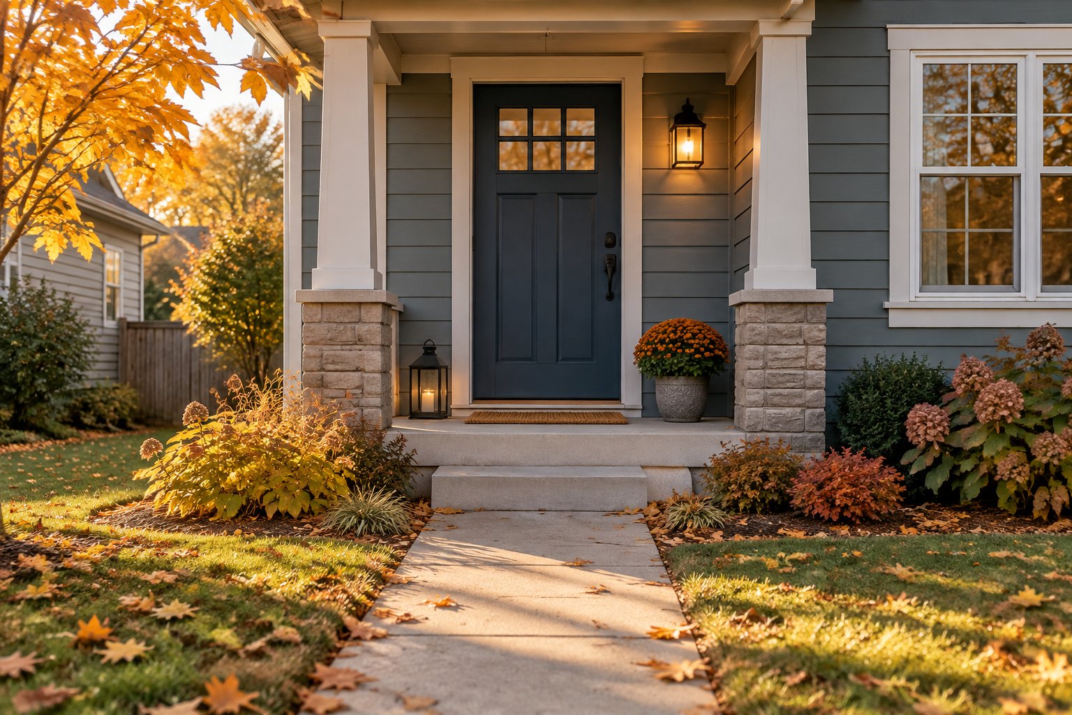 Welcoming front porch of a West Michigan starter home with fall leaves on the lawn