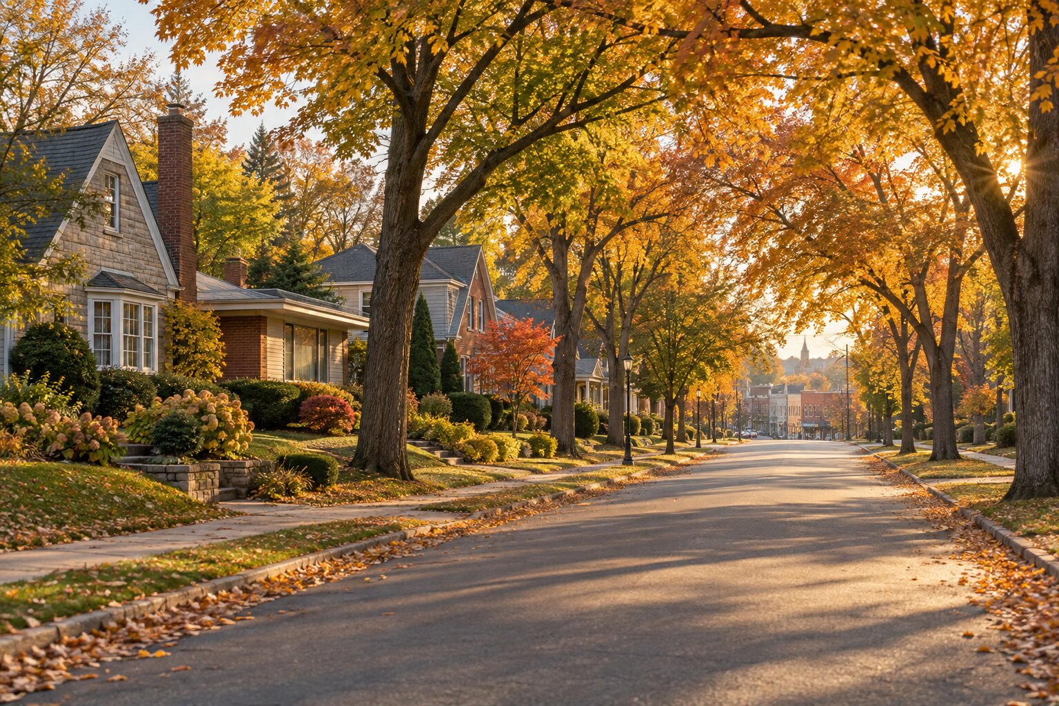 Tree-lined street of established homes in fall, typical of an inner suburb like Grandville near Grand Rapids