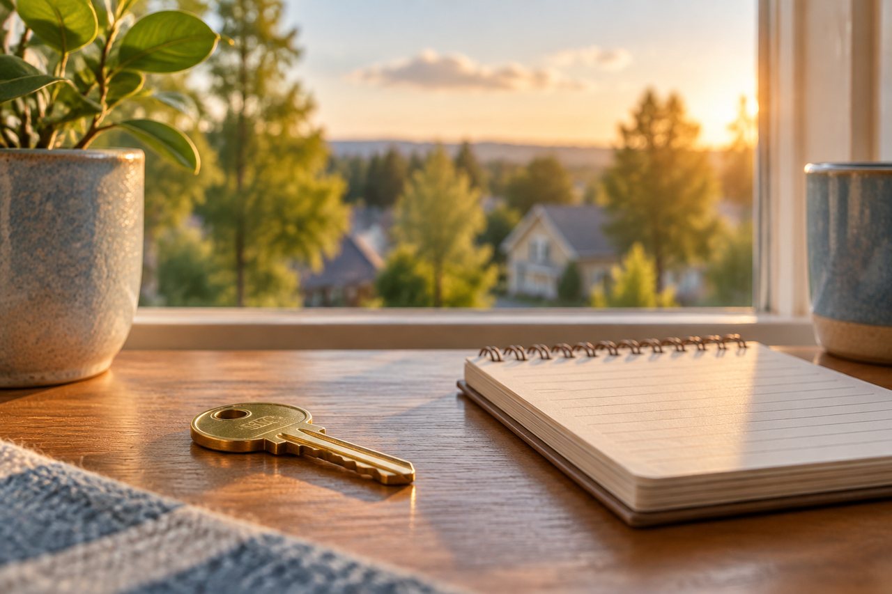 House key and notepad on a wooden table, representing buying a West Michigan home sight unseen