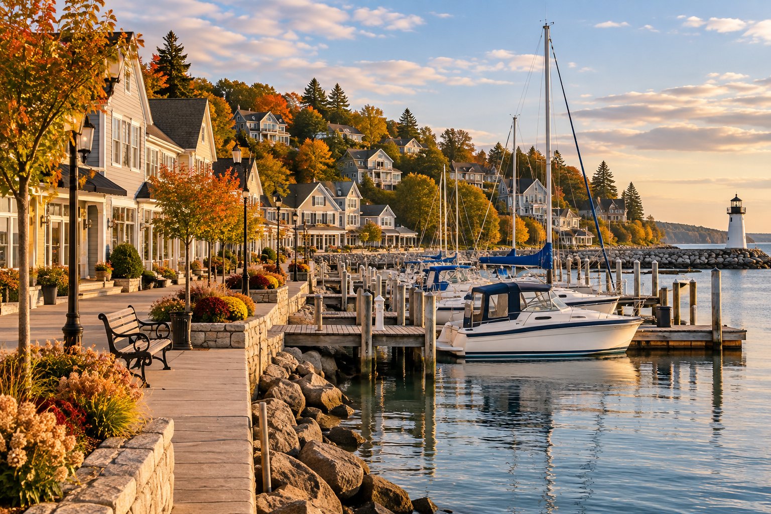 Lake Michigan harbor village with a marina and cottages on the hillside, a popular second-home setting